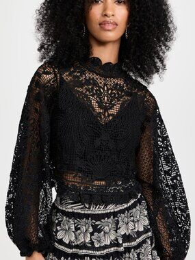 FARM Rio Black Guipure Long Sleeve Blouse